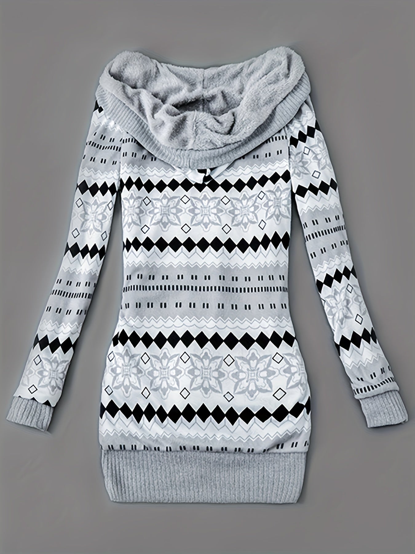Women'S Fall Winter Casual Hooded Jacket, Warm Fleece Lined Long Sleeve Coat with Geometric Pattern And Colorblock Design