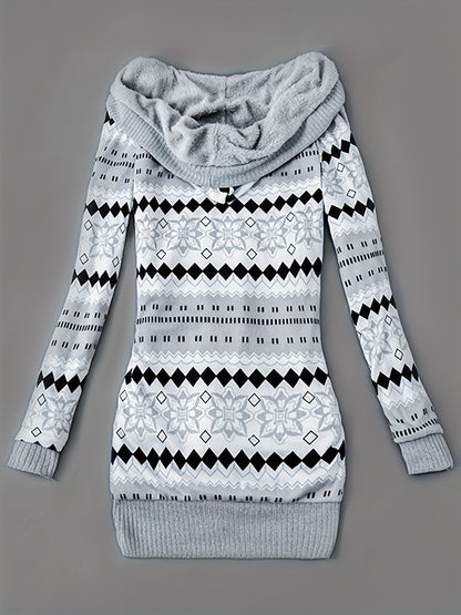 Women'S Fall Winter Casual Hooded Jacket, Warm Fleece Lined Long Sleeve Coat with Geometric Pattern And Colorblock Design