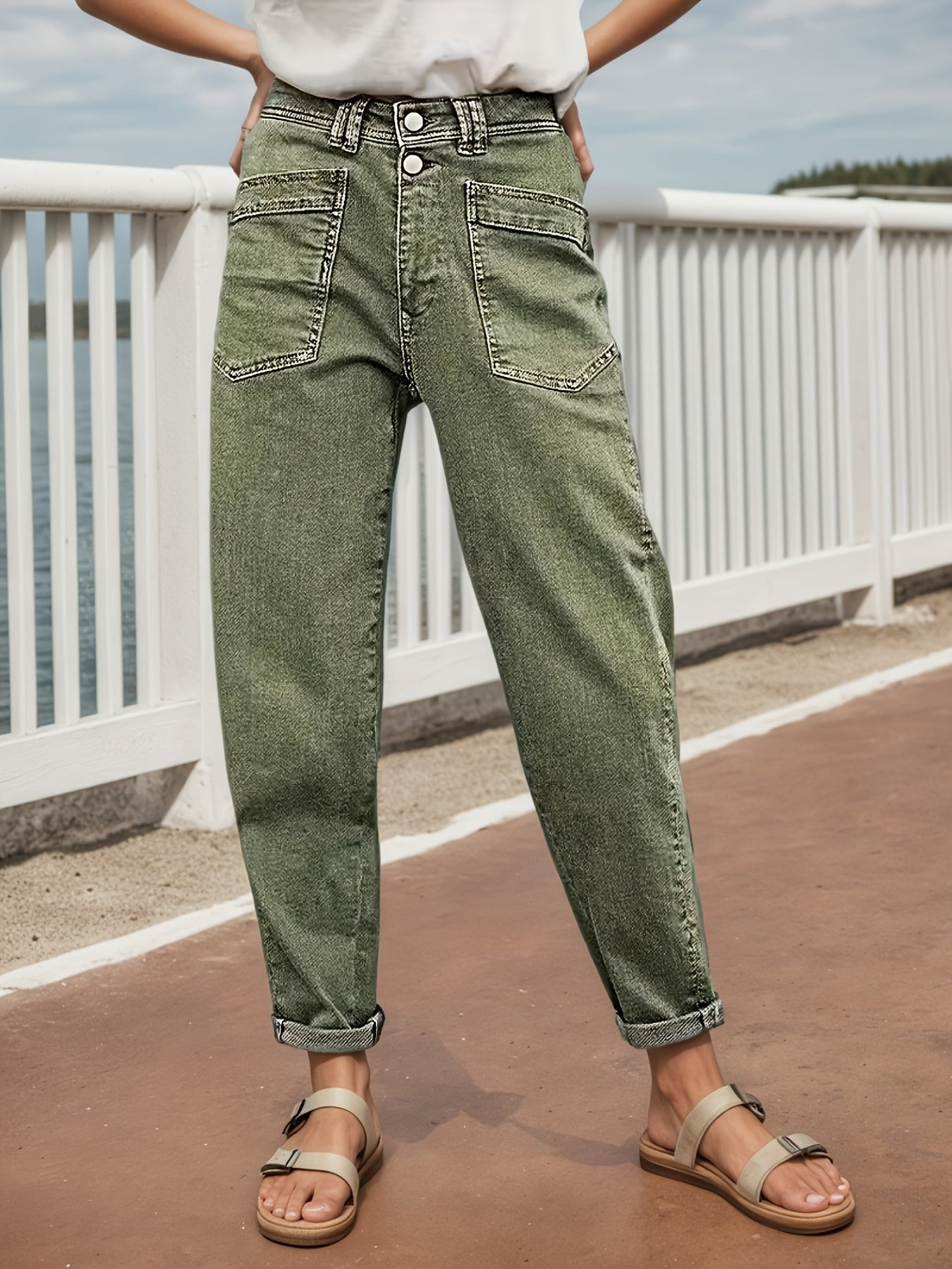 Women's Mid-Rise Distressed Stretch Jeans - Retro Button Placket & Slanted Straight-Leg Loose Fit Pants with Belt Loops, Olive Green/Brown Washed, Machine Washable All-Season Casual Trousers Suitable for Casual Attire & Layering