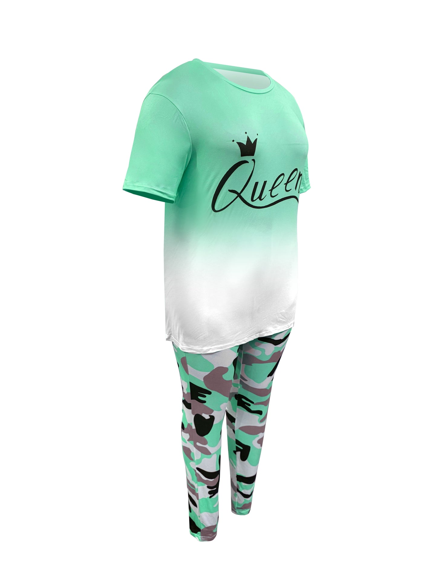 Plus Size - LADIES' Plus Size Daily Fashion Casual Set: Letter Print Crew Neck Short Sleeve T-shirt + Camouflage Long Pants With Pockets