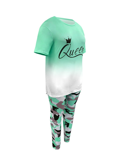 Plus Size - LADIES' Plus Size Daily Fashion Casual Set: Letter Print Crew Neck Short Sleeve T-shirt + Camouflage Long Pants With Pockets