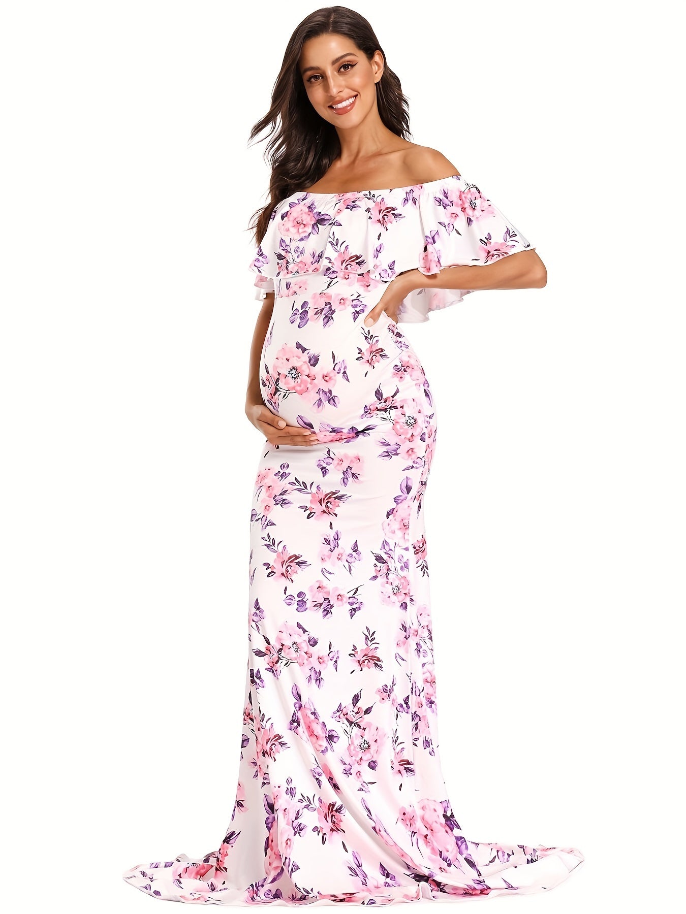 Womens Off Shoulder Maternity Dress Ruffles Elegant Slim Gowns Fit Maxi Photography Dress