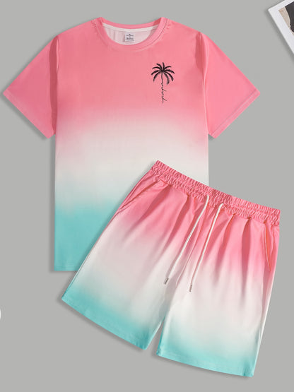 Men's stylish sportswear two piece set, casual crew neck t-shirt and shorts, 100% polyester, full coverage print, slight stretch, regular fit, summer sweatshirt
