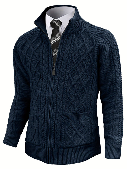 Men'S Cardigan Sweater, Solid Color Cable Knit Full Zipper Sweater, Casual And Warm Sweater For Autumn And Winter, A Good Gift For Friends, Or A Blind Box Gift.