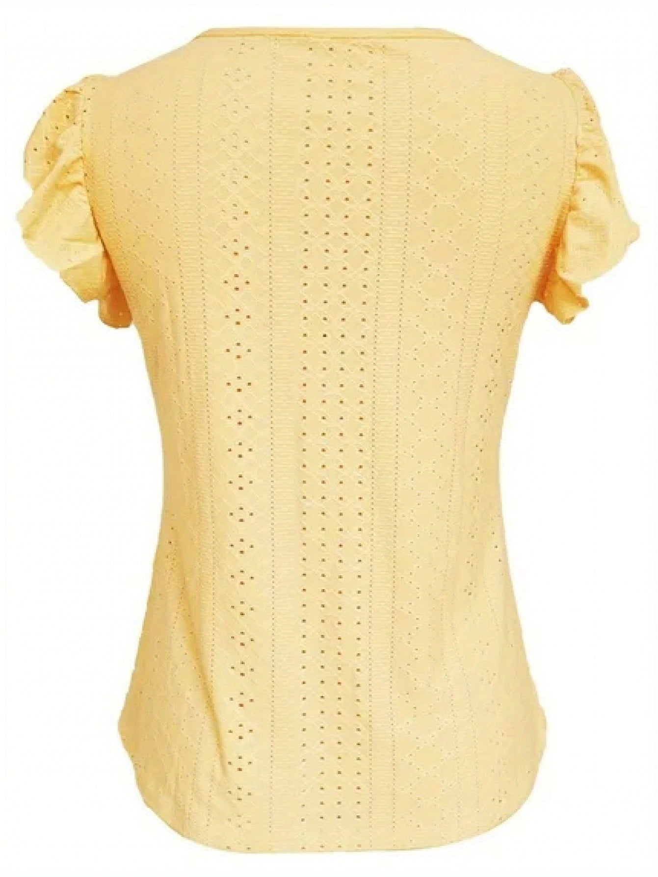 Women's Elegant V-Neck Ruffled Short Sleeve Top with Decorative Buttons, Casual Eyelet Embroidered Jacquard T-Shirt for Spring& Summer, Women's Clothing