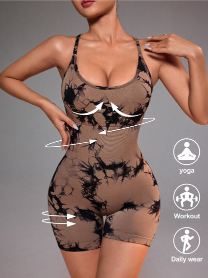 Stretchy Seamless Women's Tie-Dye Crisscross Backless Yoga Bodysuit, Athletic Sports Padded Romper Jumpsuit, Butt Lifting Fitness Shorts Workout Clothing for Gym Running Biking Outdoor Tennis, Womens Summer Clothing Fitness Wear Daily Wear Activewear, Bir