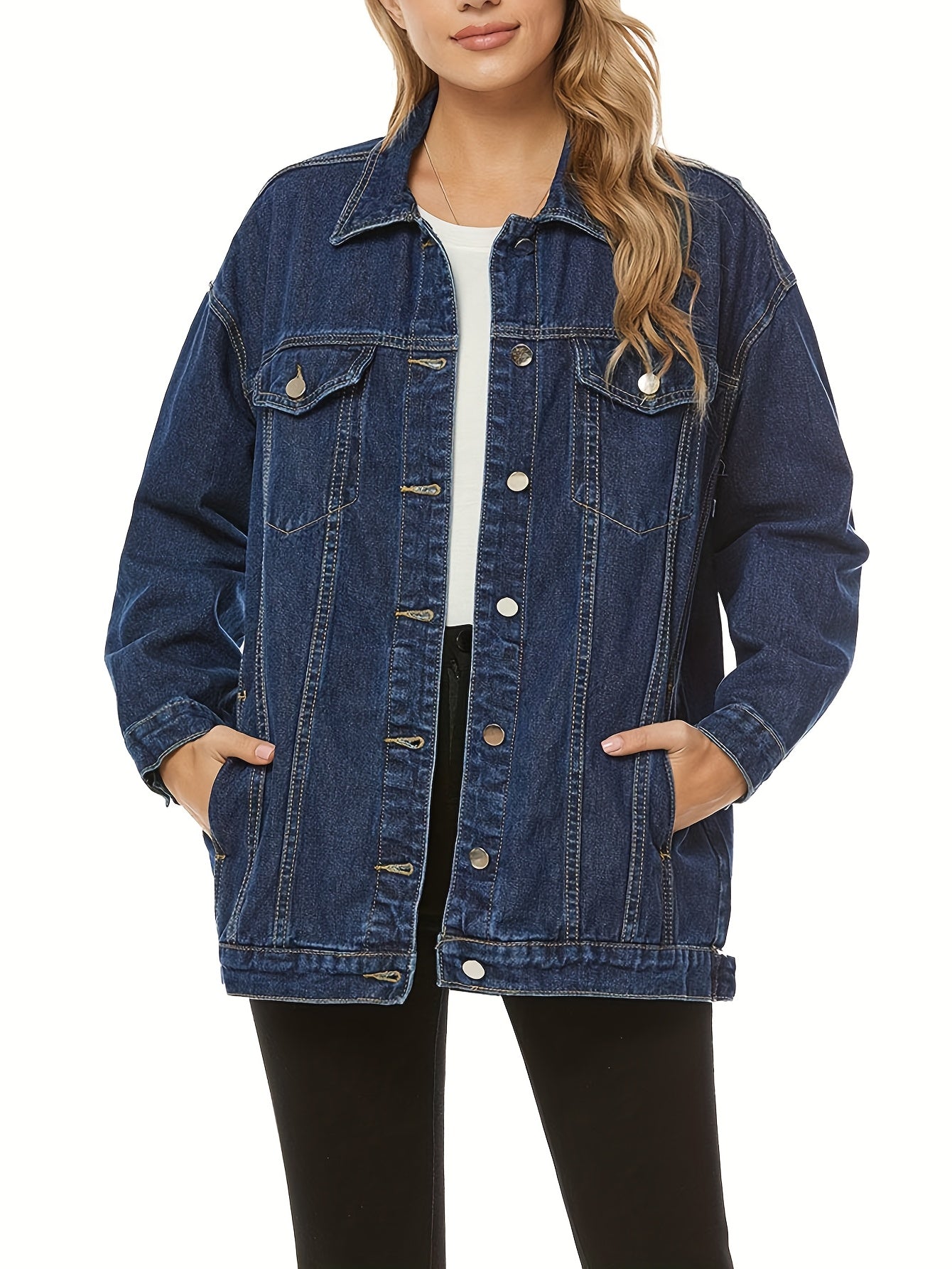 Women's Fashion Denim Jacket - Oversized, Long Sleeve, Mid-Length, Jean Biker Coat