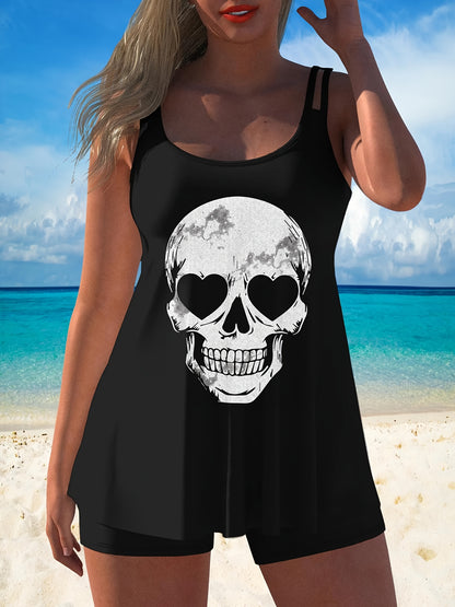 Adorable Skeleton-Themed Two-Piece Swimsuit for Women, Featuring a Stylish Black Design with a Conservative Double Shoulder Tankini Style, Perfect for a Laid-Back Halloween Look