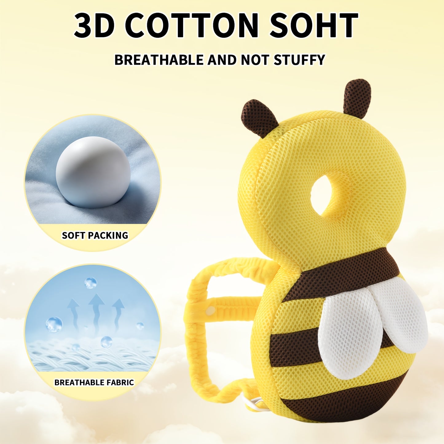 Baby Toddler Bee-Shaped Head Protection Backpack, Soft Plush Anti-Fall Cushion For Walking Practice, Adjustable Cartoon Safety Pillow, Colorful Polyester Filling, Ideal Gift For Infants