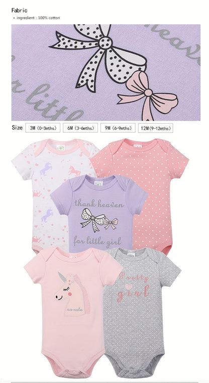 5pcs Set Baby Girl Cartoon Triangle Onesie Baby Girl Cute Crawling Suit, Perfect for Outdoor
