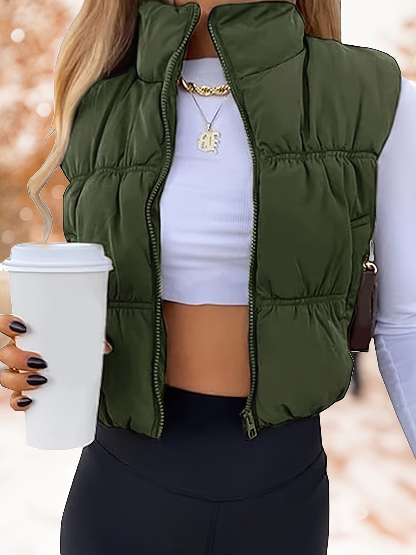 Womens Cropped Vest Zip Up Stand Collar Sleeveless Padded Cropped Vest
