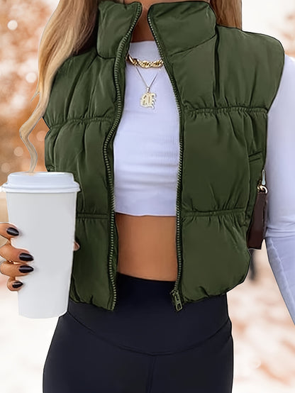 Womens Cropped Vest Zip Up Stand Collar Sleeveless Padded Cropped Vest