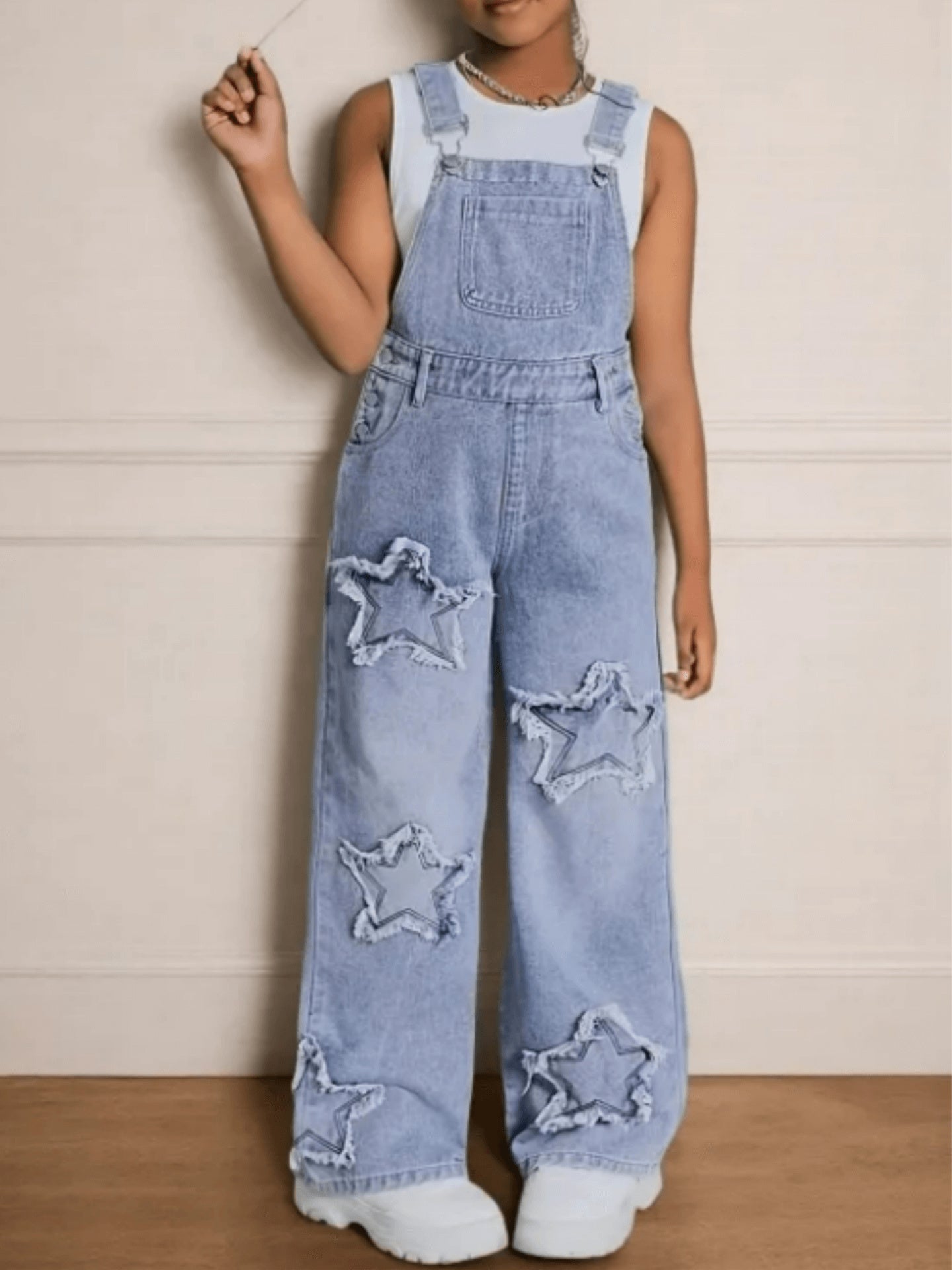 Teen Girls' Wide-Leg Denim Overalls with Star Embroidery Everyday Outfits - Machine Washable Teen Loose Fit Long Denim Machine Washable All-Season Casual Jeans for Teens Durable Fabric, for Outdoor