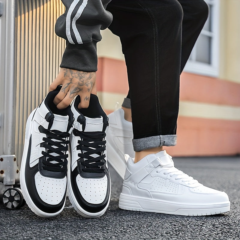 Men's High-Top Lace-Up Sneakers - Durable, Lightweight, Fashionable Casual Sports Shoes, White, PU Upper, MD Sole, EVA/Fabric Insole, Round Toe, Ideal for Hiking, Running & Leisure, Cross Sports Shoes | Lace-Up Closure | Stylish Stitchin