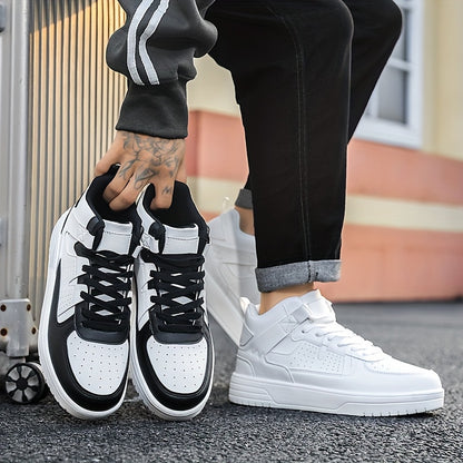 Men's High-Top Lace-Up Sneakers - Durable, Lightweight, Fashionable Casual Sports Shoes, White, PU Upper, MD Sole, EVA/Fabric Insole, Round Toe, Ideal for Hiking, Running & Leisure, Cross Sports Shoes | Lace-Up Closure | Stylish Stitchin