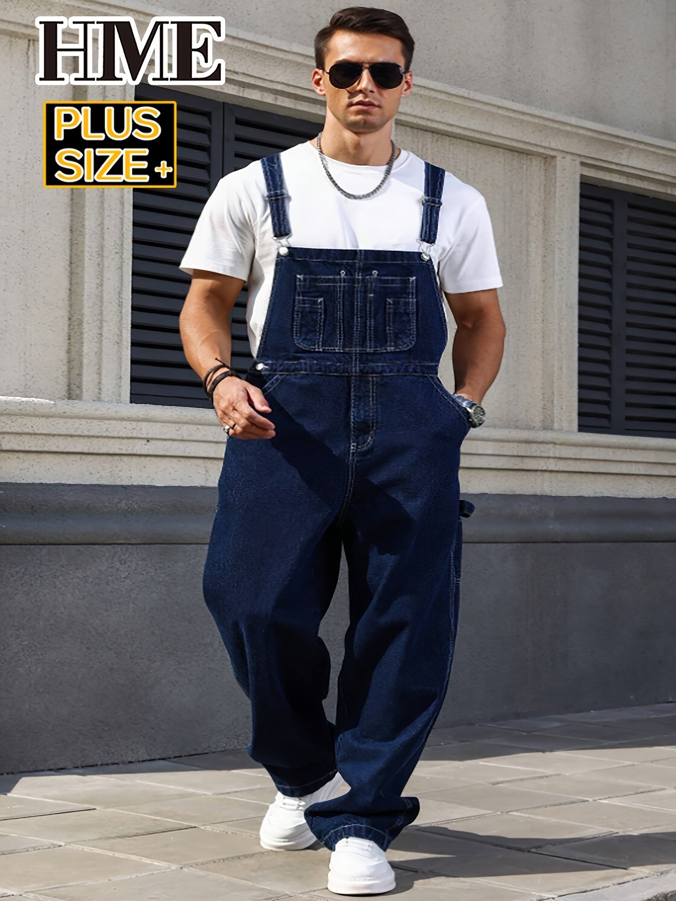 [ HME ] Men'S Workwear Plus Size Camisole Jumpsuit Denim Overalls, New Autumn And Winter Styles, Loose Straight Leg Jumpsuit Jeans, Street Trend Retro Style, Fashionable Casual Commuting Workwear Jumpsuit