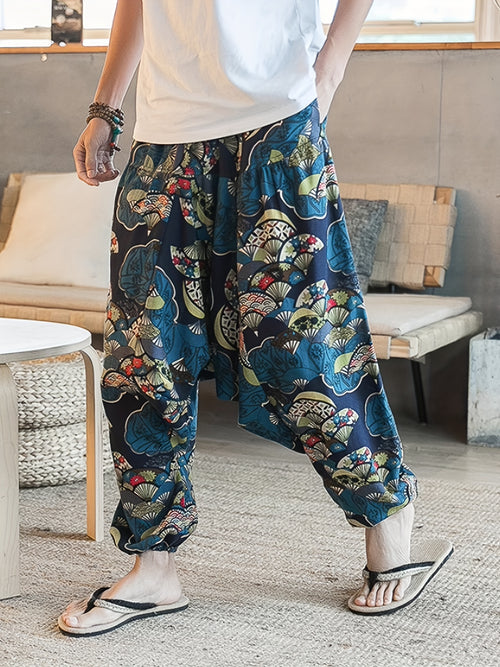 Men'S Stylish 100% Loose Colorful Fans Pattern Pants with Pockets, Casual Breathable Comfy Trousers for City Walk Street Hanging Outdoor Activities