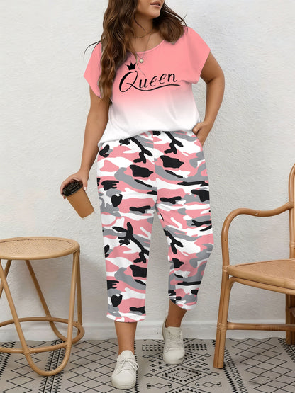 Plus Size, Spring/Summer Plus Size Women's 2pcs Set, Gradient Print And Queen Print, Round Neck Top with Capri Pants, Suitable for Home, Leis And Outings