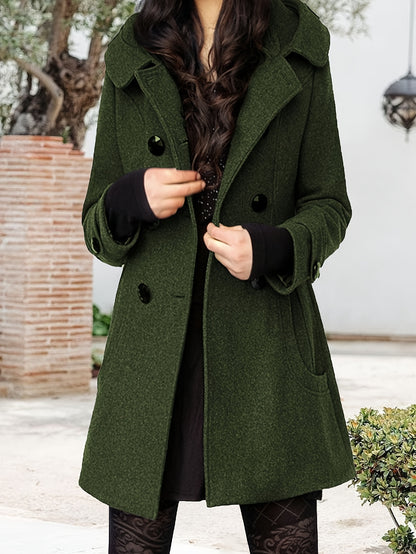 Women'S Cozy Double-Breasted Wool Peacoat Trench Jacket with Hood