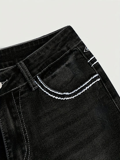 Women'S Vintage Stretch Flare Jeans - Cross Embroidery & Belt Loop Detailing, Slim Fit Elegant Denim for All-Season Wear