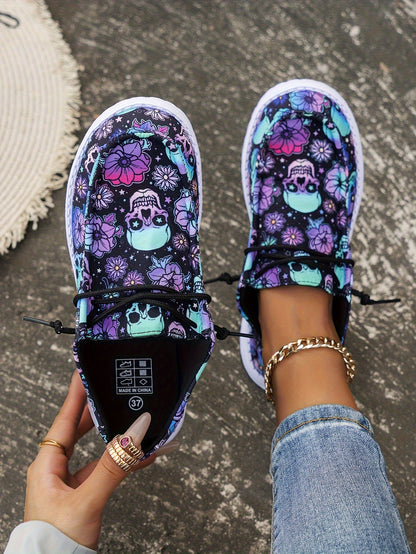 [Halloween] Vibrant Style Women's Day Of The Dead Skull Pattern Sneakers - Breathable, Halloween Casual Shoes With Elastic Strap, Vibrant Floral And Skull Design, Lightweight Flat Loafers For Festive Occasions, Women Shoes