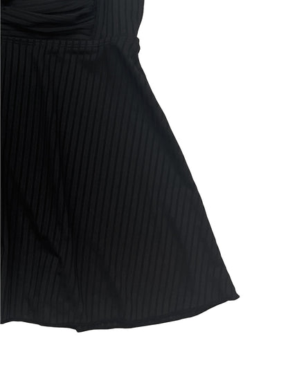 Women's Large-sized Design-inspired Tankini 2pcs Swimsuit Set, with Crossed Pleated Ruffled Skirt at the Front, Square-neck Striped Top Paired with Flat-leg Tropical Print Shorts. Ideal for Beach and Resort Holiday Parties.