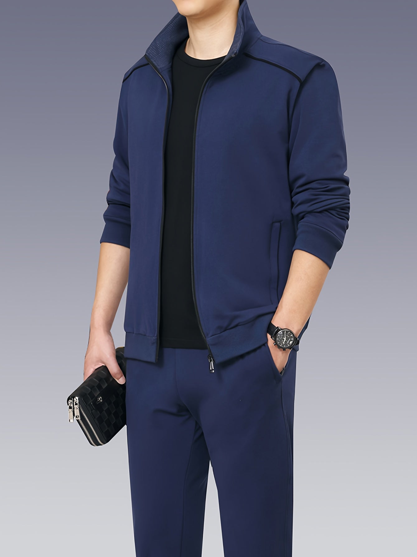 Spring and Autumn Men's Zipper Casual Suit, Casual Wear, Office Casual Attire, Zipper Suit, Stand Collar Design, Regular Fit, Easy Care Fabric, Professional Men, Transitional Season, Casual Occasions