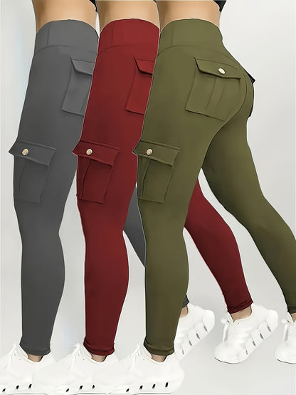Halloween Costume, 3pcs Women's High-Waisted Yoga Leggings with Pockets - Stretchy Running and Athletic Tights, Button Design, Solid Colors Black, Maroon, Gray, Practical Flap Pockets, Comfortable Fabric Christmas Women's Autumn Wear