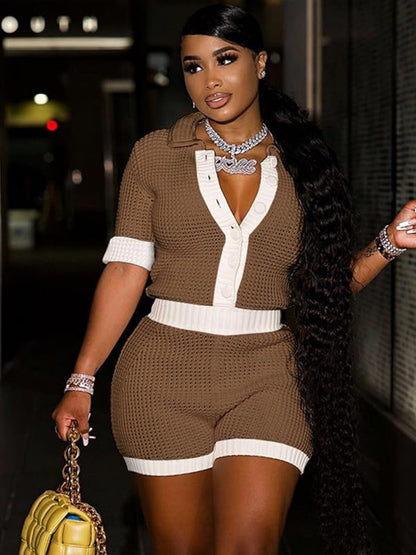 Sexy 2pcs Sets for Women - Color Block Hollow Out Button Shirt And Shorts Set, Y2K Clubwear Beach Vacation Outfits