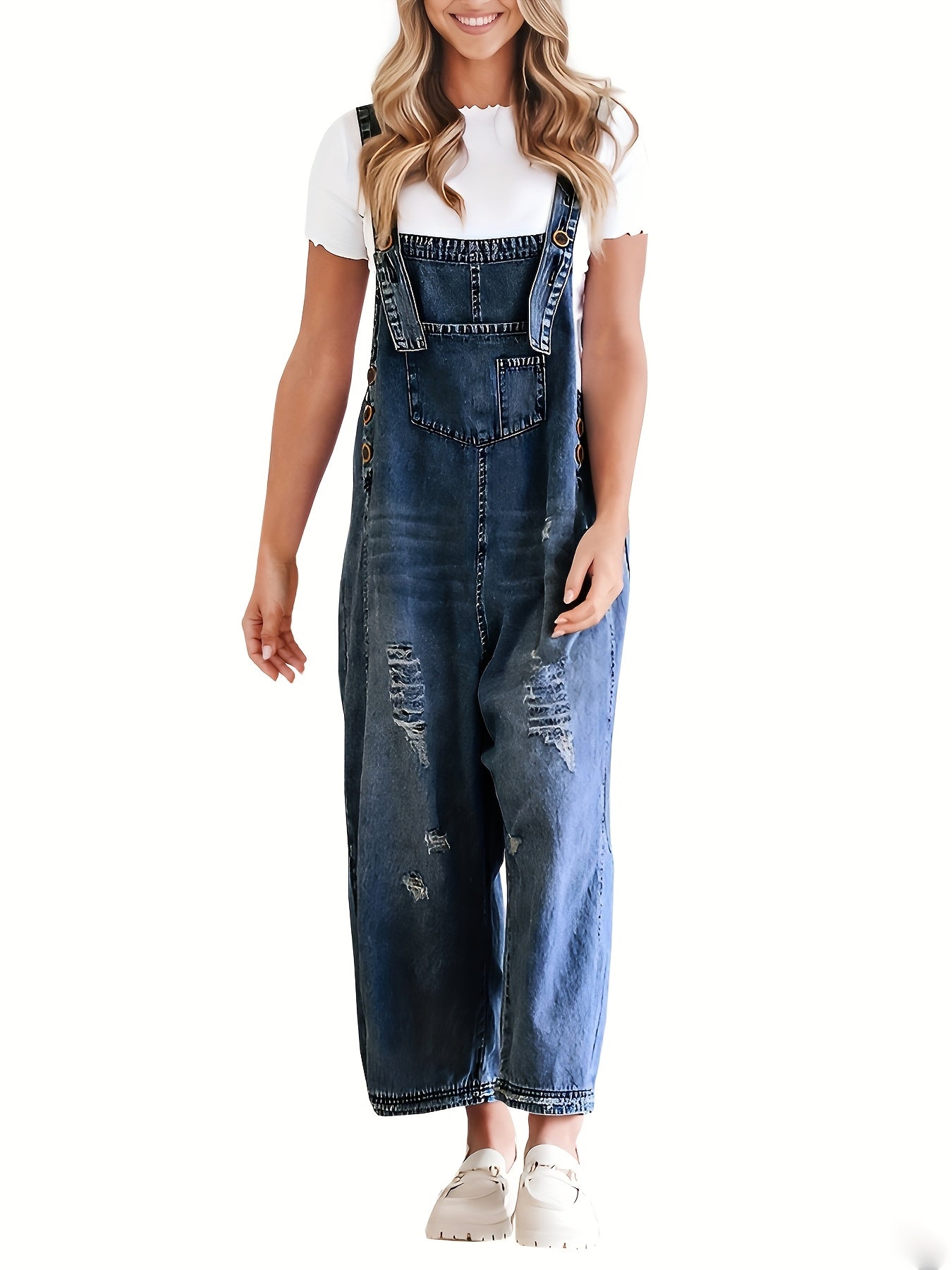 Women's Casual Denim Overalls Loose Adjustable Strap Distressed Bib Jeans Overall Jumpsuits with Pocket