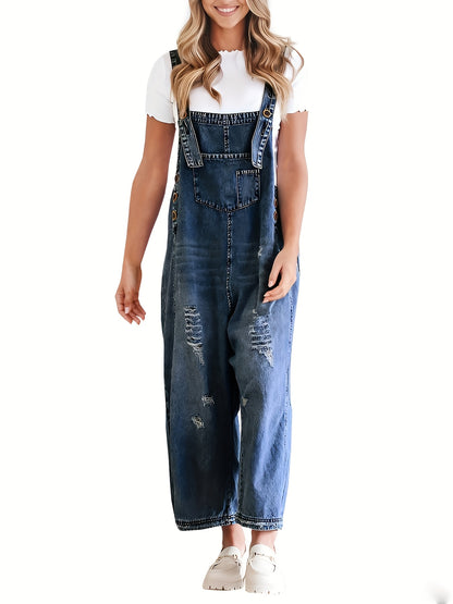 Women's Casual Denim Overalls Loose Adjustable Strap Distressed Bib Jeans Overall Jumpsuits with Pocket