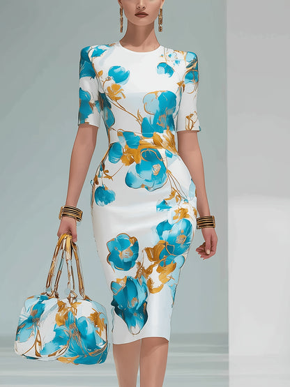 Women's Teal & Golden Floral Bodycon Midi Dress, Elegant Half-Sleeve Pencil Dress with Print, Perfect for Wedding Guest, Office & Party