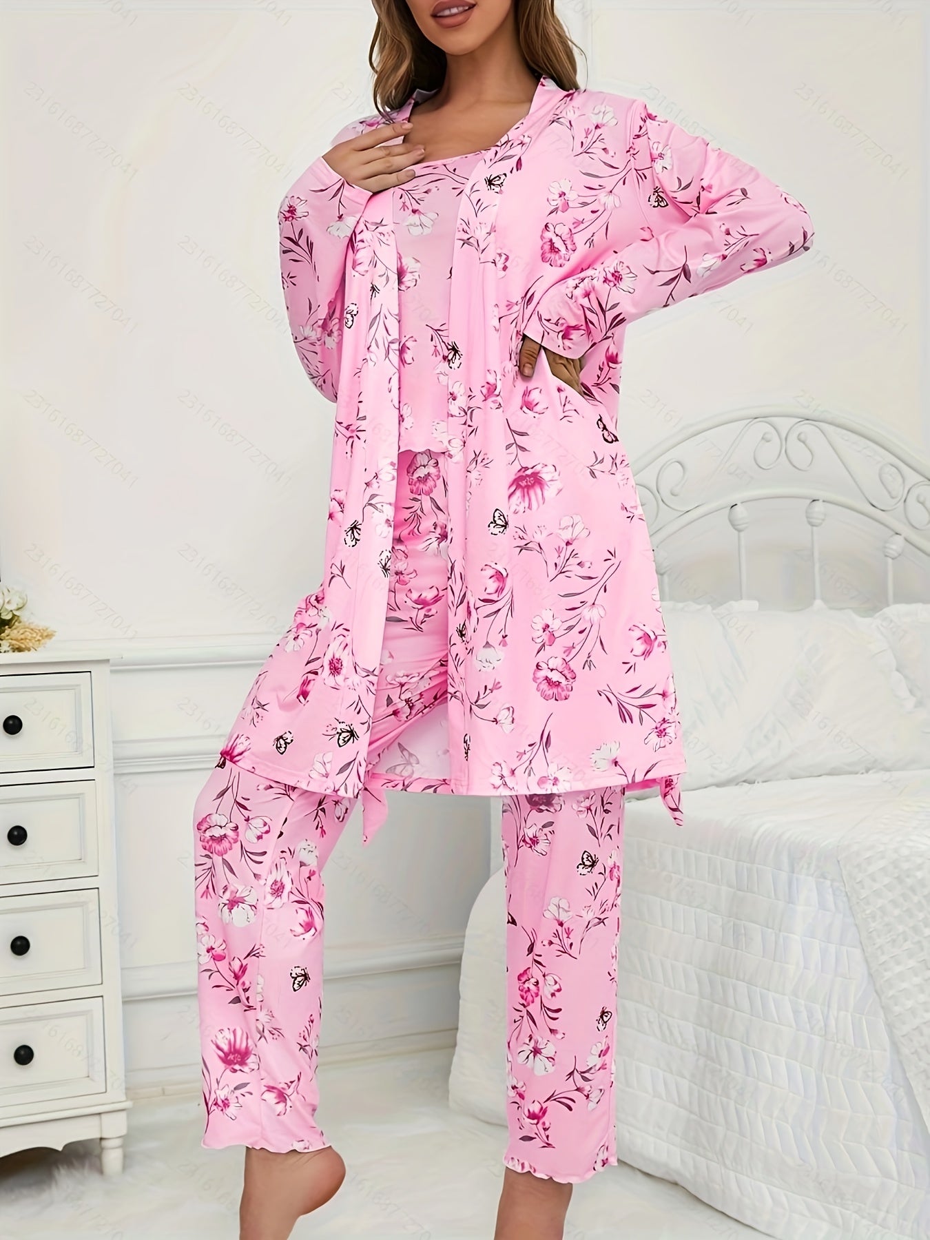 3pcs Floral And Butterfly Print Pajama Set - Long Sleeve Belted Robe & Cami Top & Pants Lounge For All Seasons
