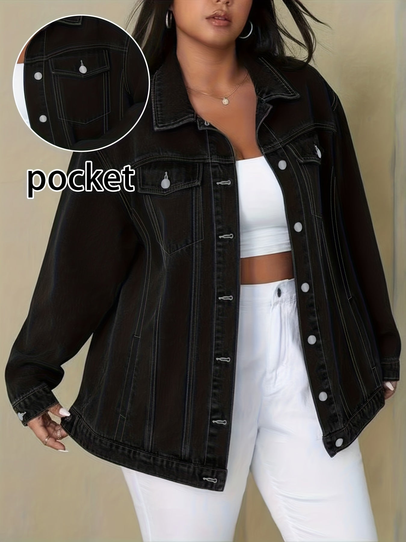 Plus Size Solid Color Collared Button-Front Denim Jacket - Women's Mature Stylish Street Casual Style Loose Fit Daily Comfortable Autumn Winter Plus Size Denim Top