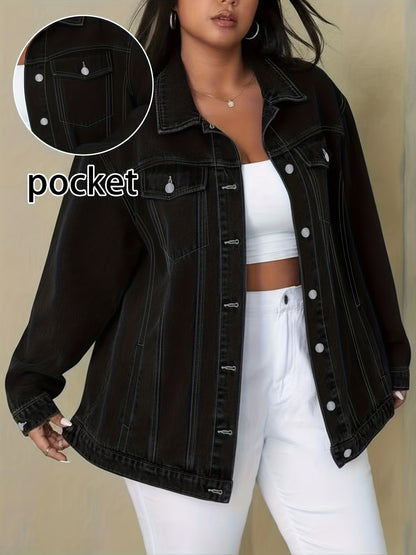 Plus Size Solid Color Collared Button-Front Denim Jacket - Women's Mature Stylish Street Casual Style Loose Fit Daily Comfortable Autumn Winter Plus Size Denim Top
