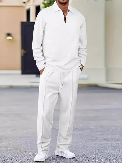 Mens 2pcs Outfits, New Spring Fall Waffle Knit Long Sleeve Top & Pants Set, Comfortable Breathable Casual Sports Tracksuit for Daily Workout