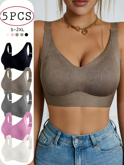 5pcs Ribbed Wireless Bra - High Elastic, Breathable & Strong Support | Comfortable No-Squeeze for Daily Wear, Yoga & Gym Workouts