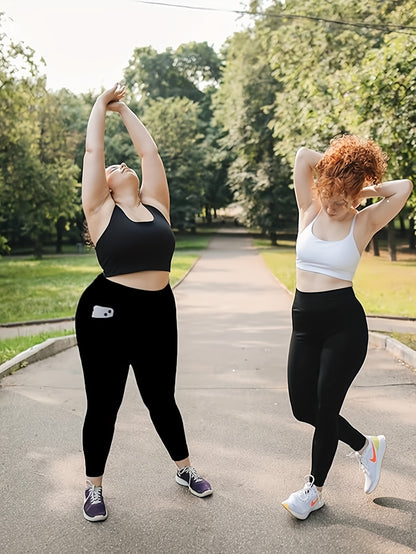 Plus Size 6pcs Set Women's Pockets Yoga Pants, Fitness Running Compression Leggings Butt Lift High Waisted Tummy Control Slimming Yoga Pants WithPockets, Workout Running