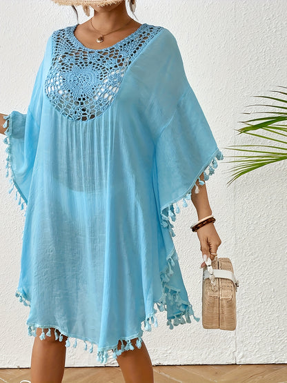 Women's Sexy Crochet Batwing Sleeve Tassel Hem Top - Black Hollow Out Design, Resort Wear Beach Cover-Up, Lightweight Polyester, Perfect for Spring & Summer