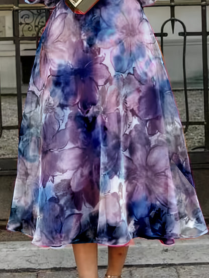 [Wedding Guest Party] Women's Floral Print Chiffon Maxi Dress - Elegant Ombre Gradient Long Sleeve Dress with Back Zipper, Wedding Guest Party Dress, Flowy Sunset Dress