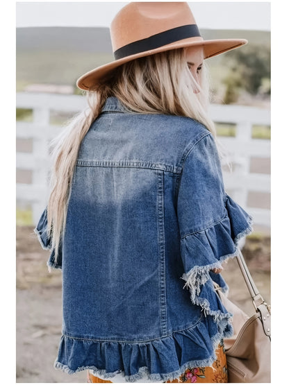 Designer Style Pleated Loose Cuffs And Loose Hem Denim Jacket