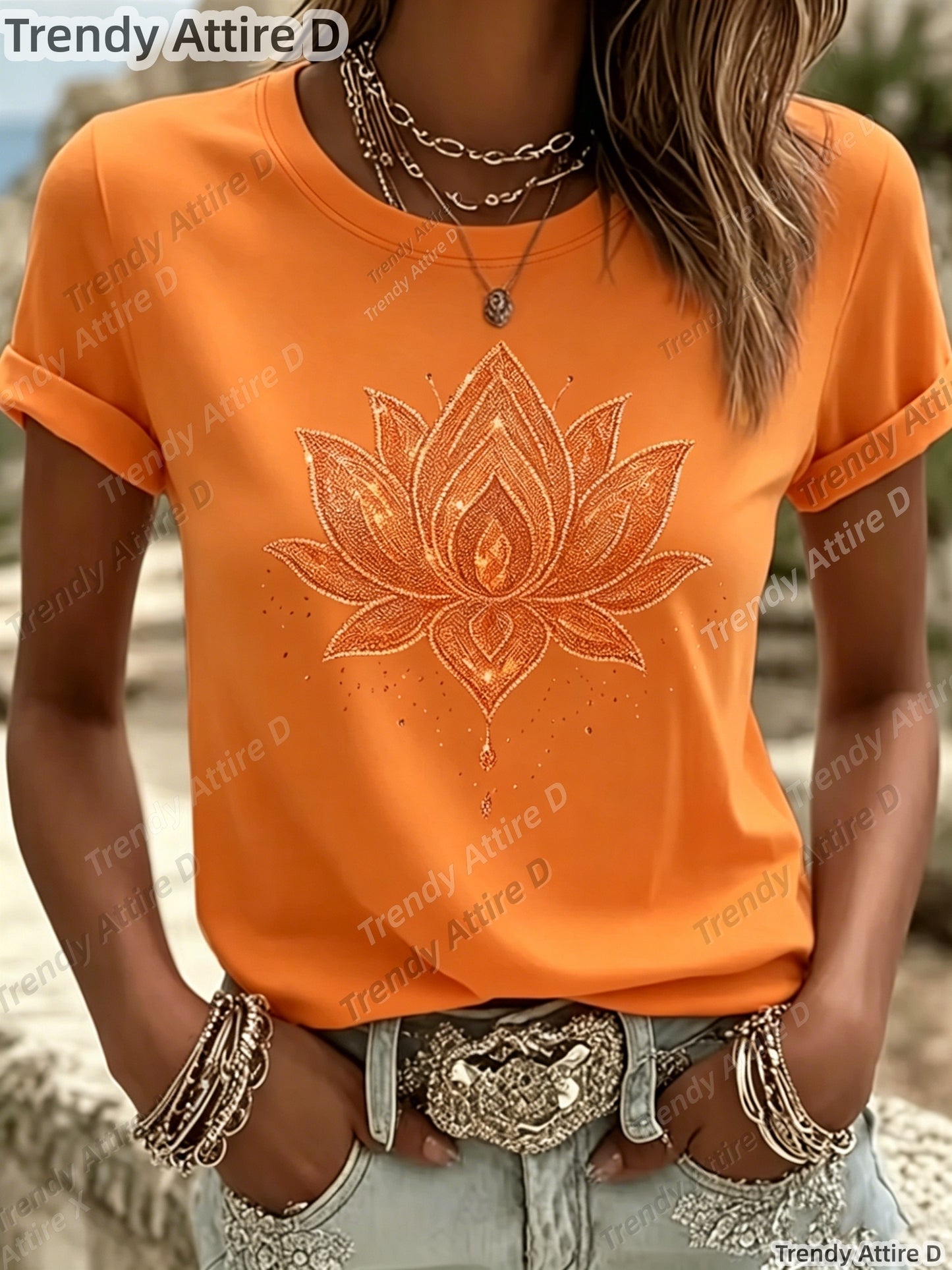 Inner Peace Mandala Plant Floral Pattern Printed T-Shirt Casual Short Sleeve Round Neck Top Fashionable All-Season Women'S Clothing