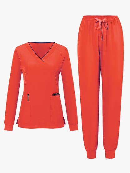 2pcs Women's V-Neck Matte Suit with Long Sleeve Stretch S Uniform Work Clothes Washable Pockets Breathable Elastic Top And Waist Cord Pocket Pants Set