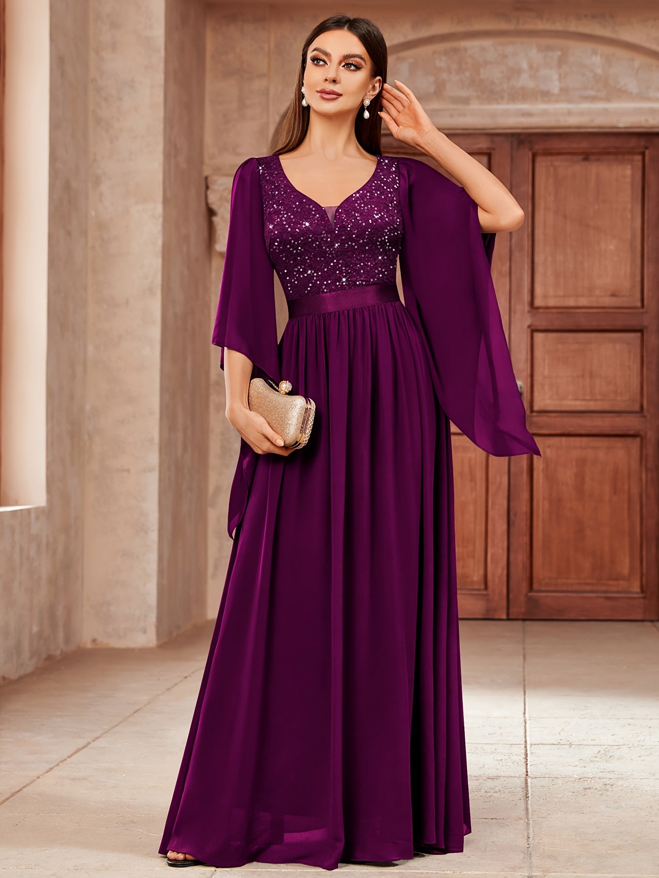 53303 Elegant Women's Lace & Sequin Bridesmaid Dress - A-Line Maxi Wedding Gown with 3/4 Bell Sleeves, V-Neck Color-Block (Bodice &), Machine Washable Bridesmaids Gown for Weddings, Parties, Prom
