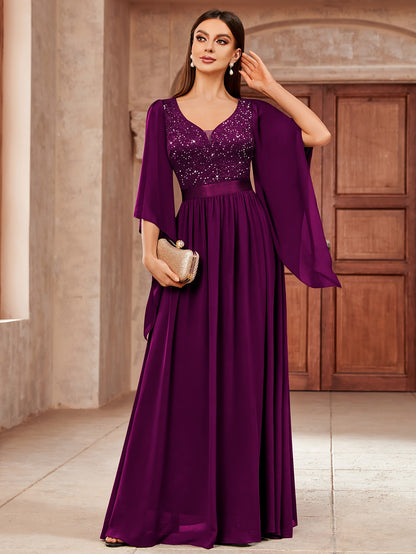 53303 Elegant Women's Lace & Sequin Bridesmaid Dress - A-Line Maxi Wedding Gown with 3/4 Bell Sleeves, V-Neck Color-Block (Bodice &), Machine Washable Bridesmaids Gown for Weddings, Parties, Prom
