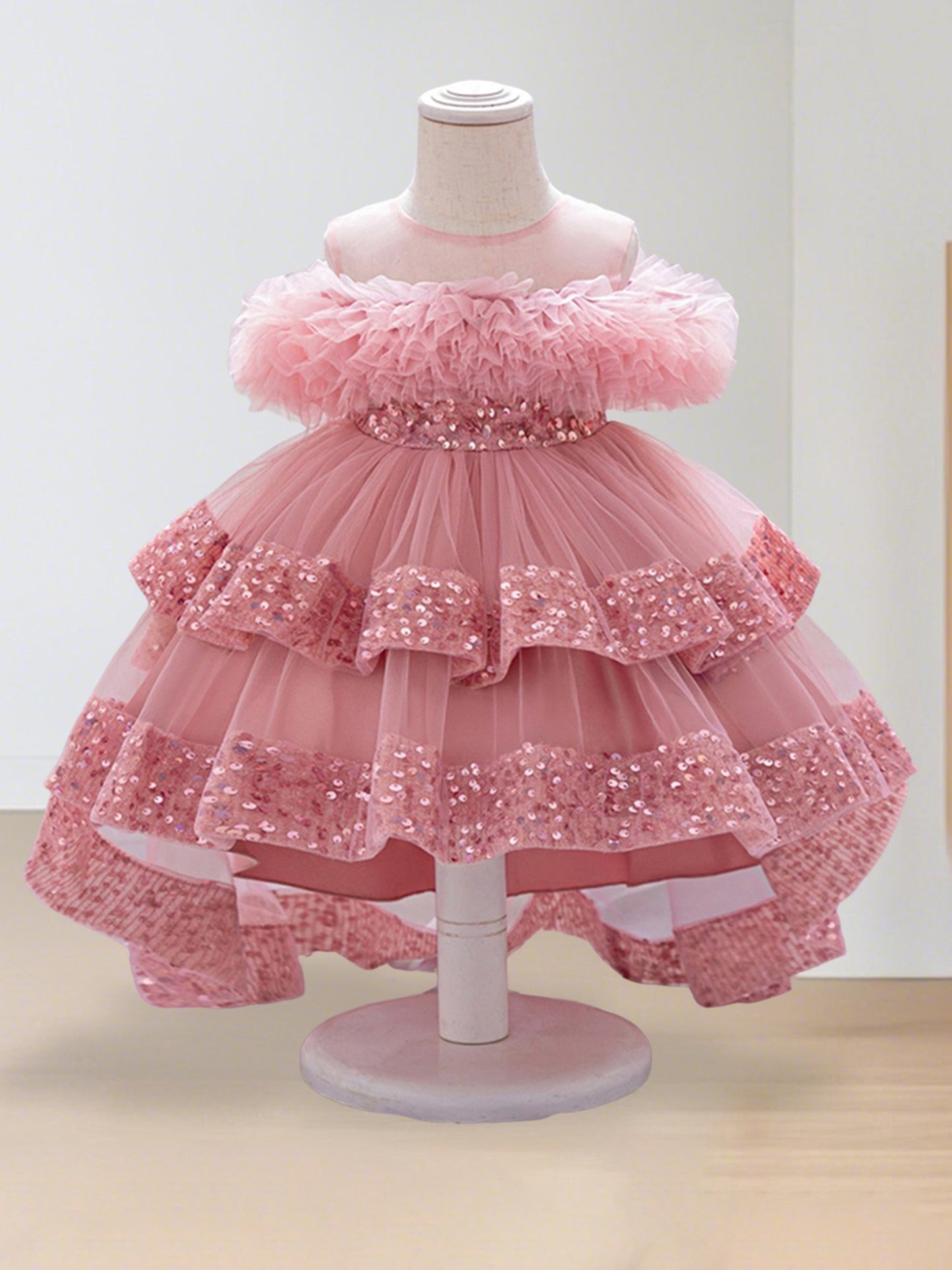 Kids Toddler Baby Girls Tulle Ball Gown Shiny Sequins Round Neck High Low Party Dresses for Birthday Wedding Dress