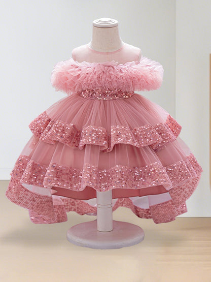 Kids Toddler Baby Girls Tulle Ball Gown Shiny Sequins Round Neck High Low Party Dresses for Birthday Wedding Dress