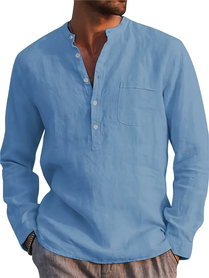 Plus Size Men'S Solid Shirt, Casual Breathable Half Button Cotton Blend Stand Collar Long Sleeve Shirt For Outdoor Activities, Men'S Clothing