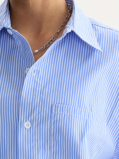 Unisex Casual Striped Shirt - Oversized, Loose Fit, Short Sleeve with Chest Patch Pocket | Lightweight Polyester Fabric | Perfect for Everyday, Beach, Party & Streetwear | Casual Attire | Chic Casual Style | Nontransparent Fabric