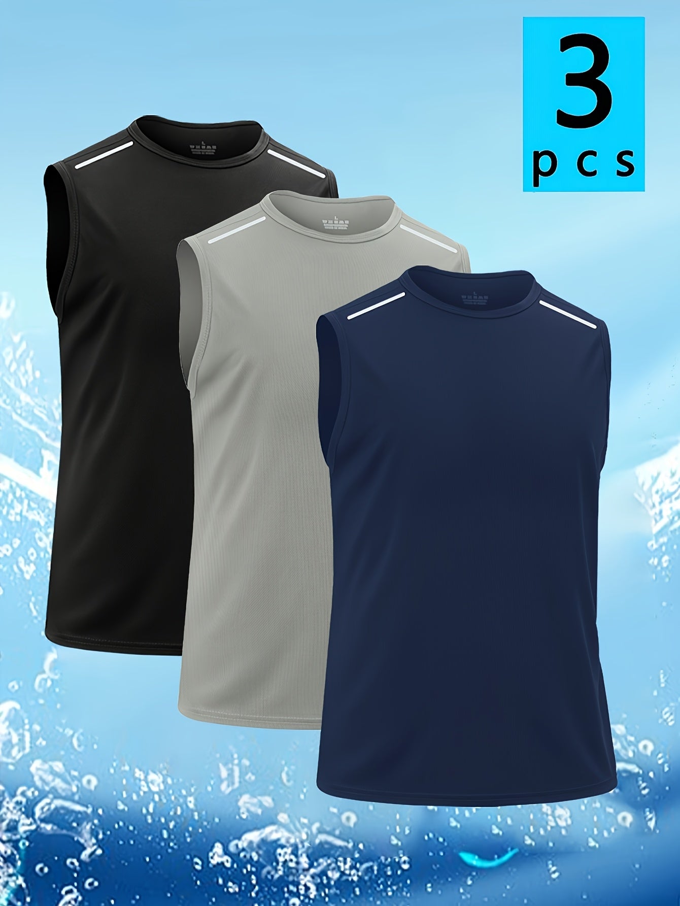 Set of 3 Men'S Sleeveless Vests with Reflective Features, Quick-Drying And Breathable, Ideal for Workouts, Running, And Casual Outings. Available in Black, Grey, And Navy Blue with Striped Crew Neck Design
